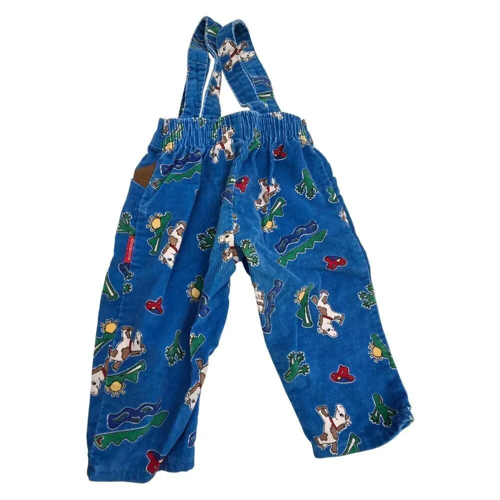 Vtg Oshkosh Corduroy Western Horse Suspender Pants Size 18 Months Overalls Blue